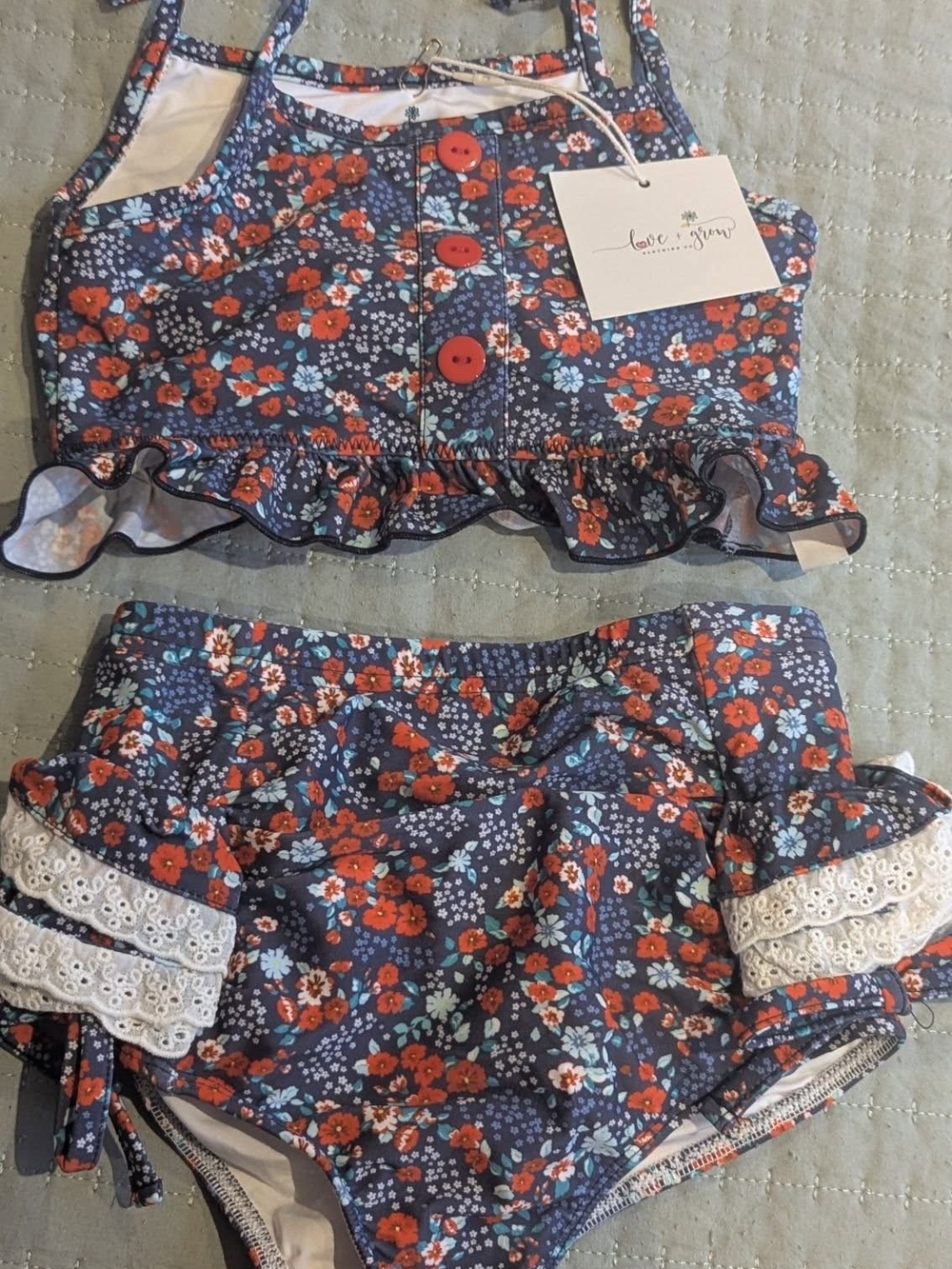Love And Grow Girls High Waisted Navy Floral Ruffle Swimsuit